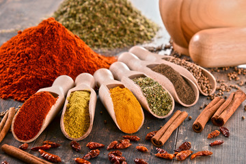 Variety of spices on kitchen table