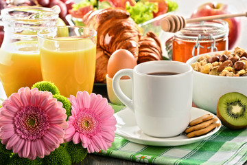 Composition with breakfast on the table. Balnced diet.