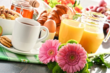 Composition with breakfast on the table. Balnced diet.