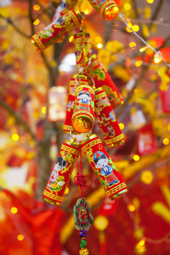 Chinese Lunar New Year ot Tet decorations on the street, Vietnam.