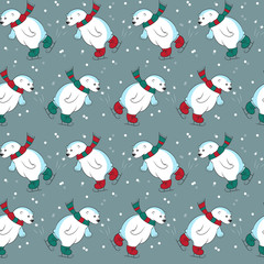 Seamless pattern with different polar bears skating