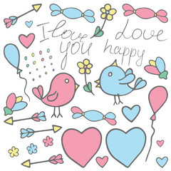 Romantic hand drawn concept in love with birds. Fantasy cartoon, doodle vector set with hearts. Children's painting (drawings)
