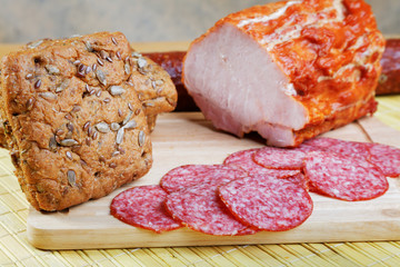 bacon; board; cutting; delicatessen; fat; food; gourmet; product