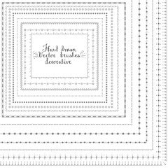 Set of hand drawn decorative vector brushes with inner and outer corner tiles. Dividers, borders, ornaments. Sketch, decoration doodle elements