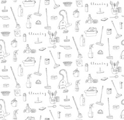 Seamless background of hand drawn vector cleaning service icons, Cleaning symbols, tools, Detergent, iron, mop, washing liquid, vacuum cleaner, doodle icons, sketch