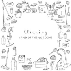Hand drawn vector cleaning service icons, Cleaning symbols, tools, Detergent, iron, mop, dust pan, brushesm bleach, duster, washing liquid, vacuum cleaner, doodle icons, sketch