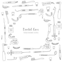 Hand drawn vector dental care icons, Dental symbols, Dental floss, teeth, mouth, tooth paste, tooth brush, dentist instruments doodle icons, sketch, brilliant smile, tooth wash