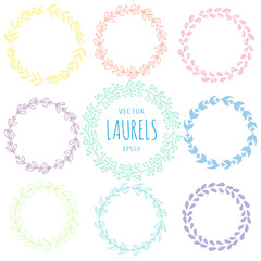 Collection of handdrawn laurels and round wreaths, Romantic wreath with copyspace for your text. Floral wreath with copyspace for your text. Save the date, wedding or invitation card design element. 