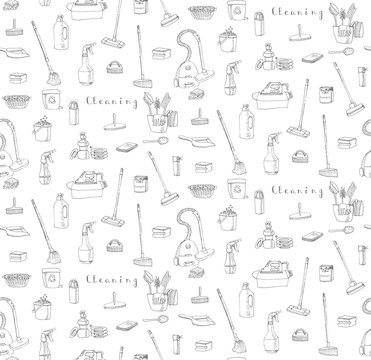 Seamless background of hand drawn vector cleaning service icons, Cleaning symbols, tools, Detergent, iron, mop, washing liquid, vacuum cleaner, doodle icons, sketch