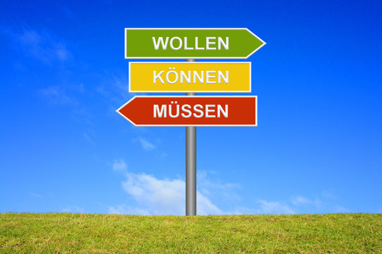 Schild Wegweiser zeigt m&uuml;ssen k&ouml;nnen wollen