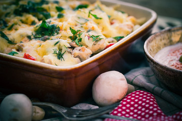 Warm dish baked macaroni chicken mushrooms