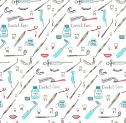Seamless background of hand drawn dental care icons, Dental symbols, Dental floss, teeth, mouth, tooth paste, tooth brush, dentist instruments doodle icons, sketch, brilliant smile, tooth wash