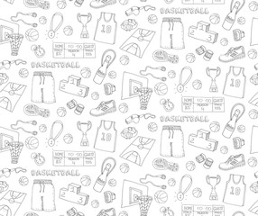 Seamless background of hand drawn doodle basketball set. Vector illustration. Sketchy sport related icons, basketball elements, ball, hoop, net, basket, sport wear, sport shoes