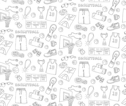 Seamless background of hand drawn doodle basketball set. Vector illustration. Sketchy sport related icons, basketball elements, ball, hoop, net, basket, sport wear, sport shoes