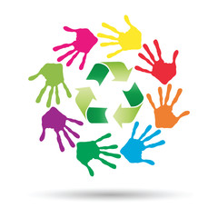 Vector concept circle of hands, green recycle symbol