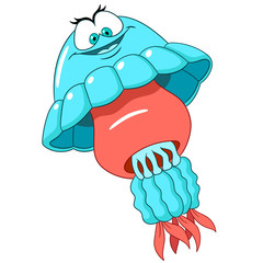 cute happy and lovely cartoon jellyfish (medusa) with long wavy tentacles and shy smile, isolated on a white background
