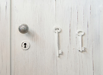 An old grey door with a keyhole: right and wrong keys puzzle