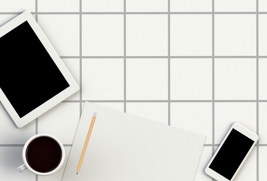 Blank paper with pencil, smart phone and coffee cup on white ceramic tile table