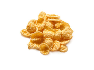 Pile of sugar-coated Corn Flakes isolated against white.