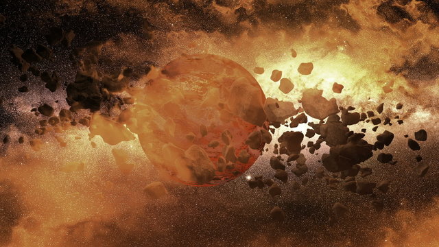 Animation zum Thema Weltall - Planet mit Mond und Asteroidenfeld