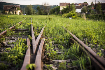 Fototapeta na wymiar We split here/Train track junction in the grass