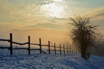 Sonnenaufgang im Winter mit Holzzaun