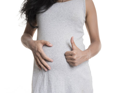 asian pregnant woman on white background