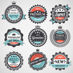 Fototapeta premium Set of premium quality, guaranteed, genuine badges, retro elements vector