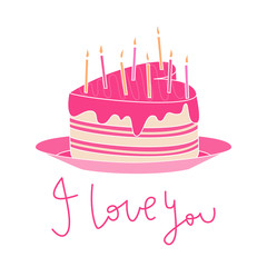 Heart-shaped cake with pink icing, candles and I love you text