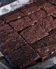 Chocolate brownie in pan from oven