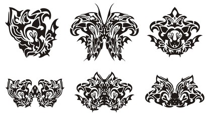 Black butterfly wing and decorative symbols from it. Flaming twirled butterfly wing, tribal butterfly and floral symbols from it