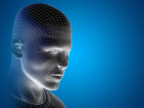 Conceptual 3D wireframe human male or man face or head
