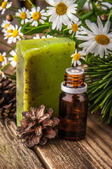 Spa set with flowers on the wooden table