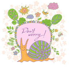 Stylish cartoon card made of cute flowers, doodled snail, trees,