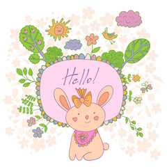 Stylish cartoon card made of cute flowers, doodled rabbit, trees