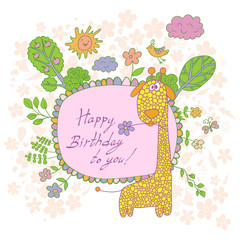 Stylish cartoon card made of cute flowers, doodled giraffe, tree