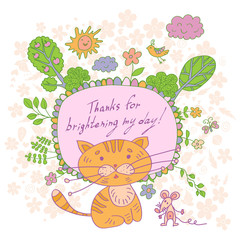 Stylish cartoon card made of cute flowers, doodled kitten, trees