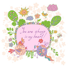 Stylish cartoon card made of cute flowers, doodled birds, trees,