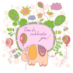 Stylish cartoon card made of cute flowers, doodled  elephant, tr