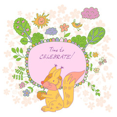 Stylish cartoon card made of cute flowers, doodled squirrel, tre