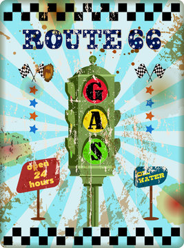 grungy retro route sixty six gas station sign, vector illustrati