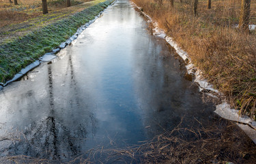 Small stream covered with a thin layer of ice