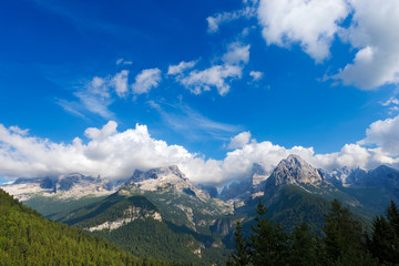 Fototapeta na wymiar Dolomiti di Brenta - Trentino Italy / Brenta Dolomites, west side, seen from Rendena Valley. National Park of Adamello Brenta. Trentino Alto Adige, Italy