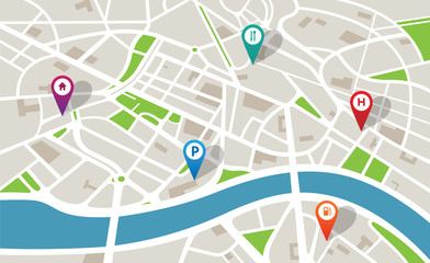 City map with navigation icons