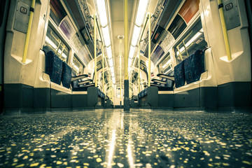 Empty London underground subway train with vintage tone effect