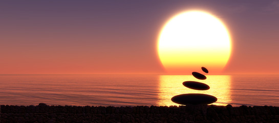 sunset and Zen stones