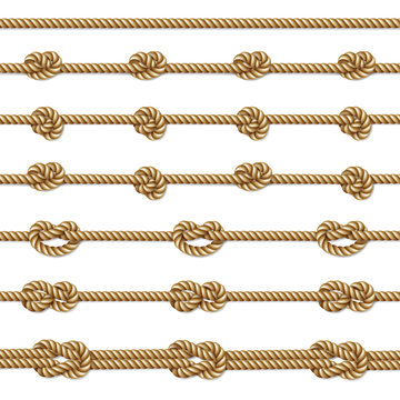 Yellow twisted rope border set, isolated on white, vector illustration 