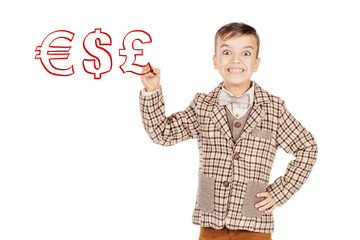 Portrait young happy boy draws  on white background.