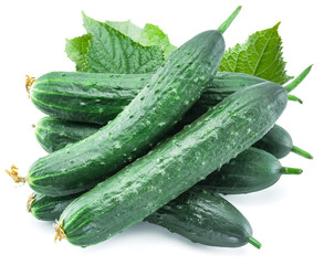 Cucumbers with leaves on the white background.