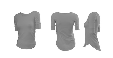 Light grey woman's T-shirt with long sleeves with rear and side view on a white background